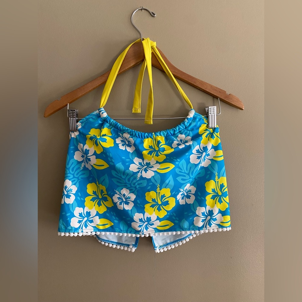 Two Piece Swimwear Bathing Suit Blue Floral Halter Top and Swim Shorts - Picture 9 of 16